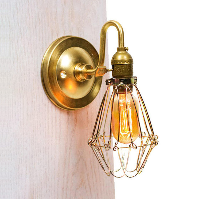 Skørter | Polished Brass Wire Protective Wall Lamp Vintage Stylish 1 Light Corridor Lamp with Flexible Arm