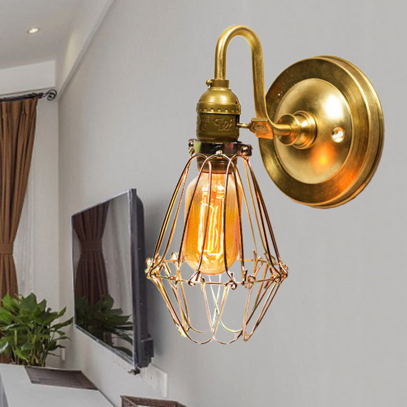 Skørter | Polished Brass Wire Protective Wall Lamp Vintage Stylish 1 Light Corridor Lamp with Flexible Arm