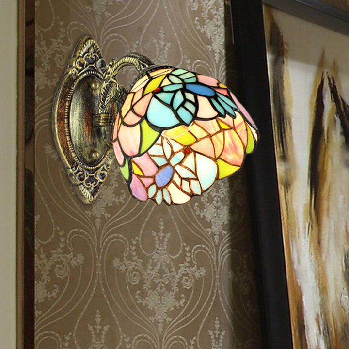 Lisslune | Stained Glass Wall Lamp with Curved Arm A Light Tiffany Wall Light in Brass