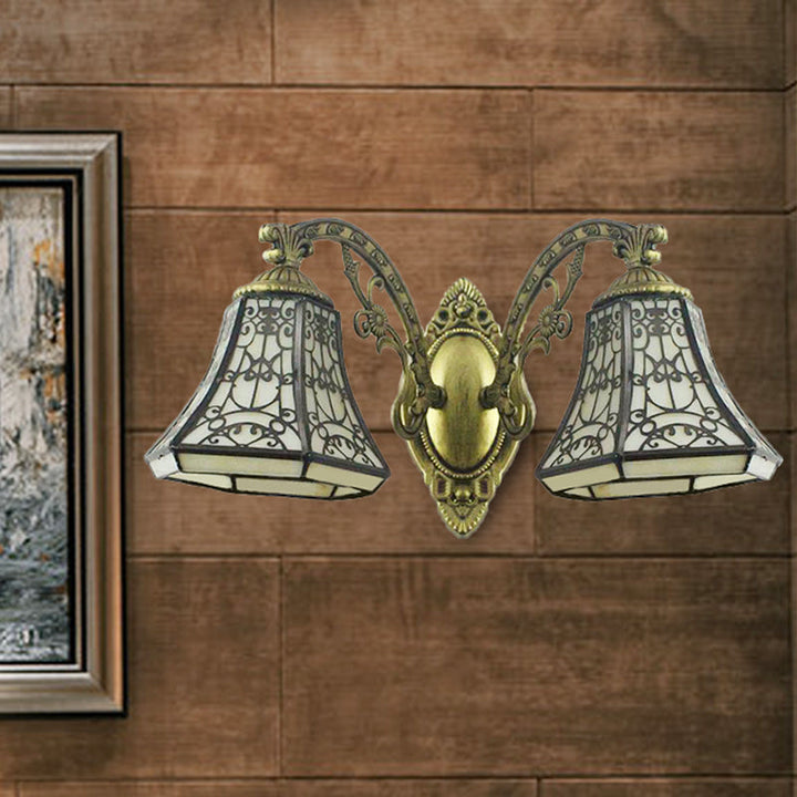 Lisslune | Beige Glass Bell Wall Lighting with Fence Design 2 Heads Rustic Lodge Wall Light