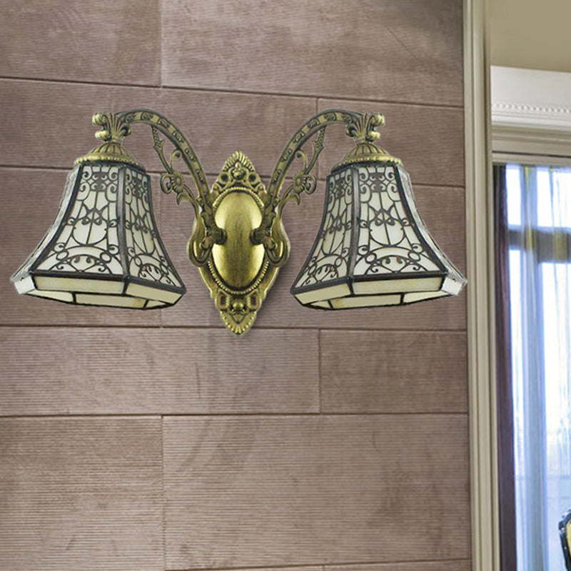 Lisslune | Beige Glass Bell Wall Lighting with Fence Design 2 Heads Rustic Lodge Wall Light