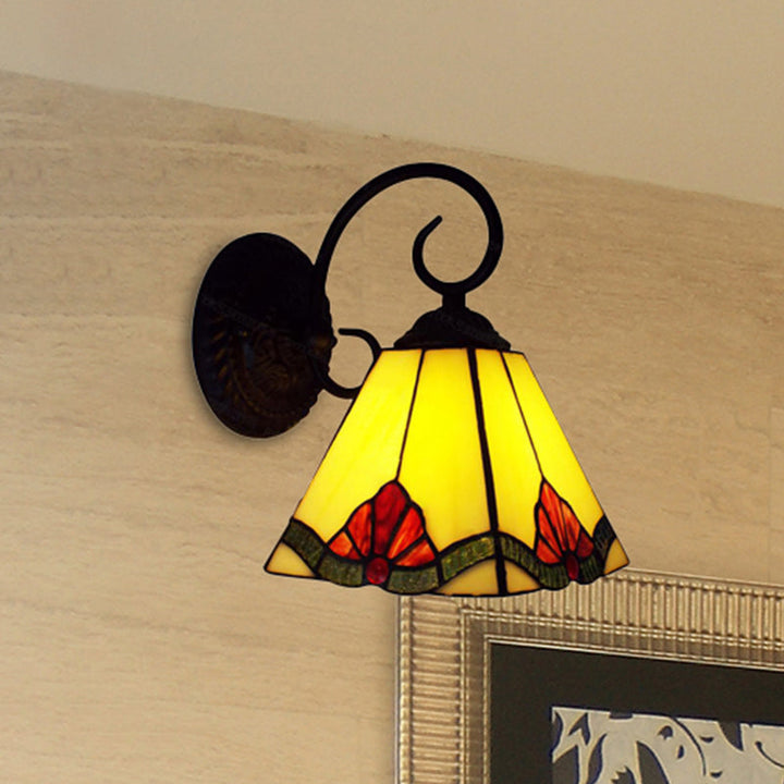 Lisslune | Flowered Tiffany Wall Lamp with Tapered Shade 1 Light Mini Indoor Lighting for Living Room