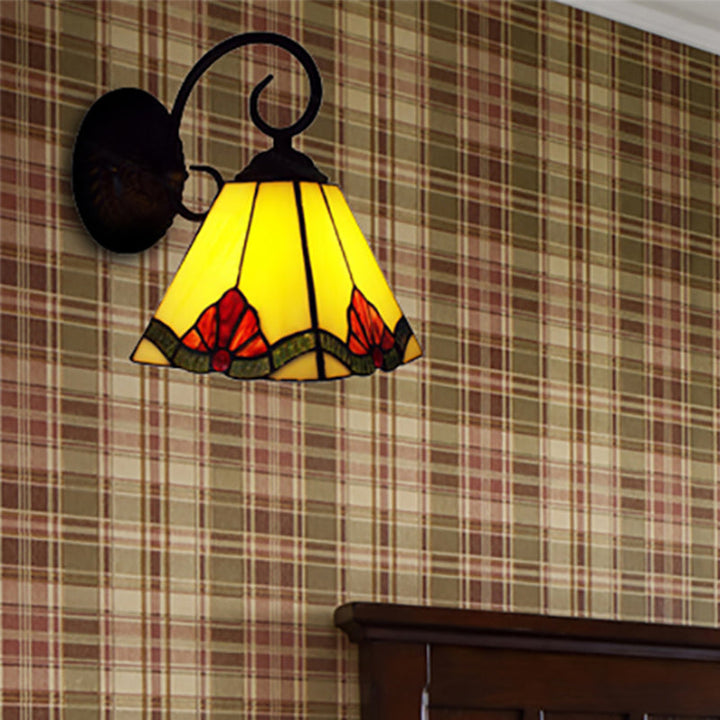 Lisslune | Flowered Tiffany Wall Lamp with Tapered Shade 1 Light Mini Indoor Lighting for Living Room