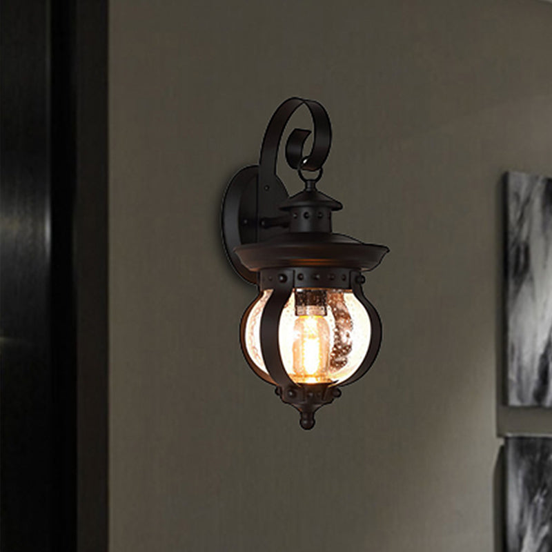 Lisslune | 1 Light Seedy Glass Wall Light Rustic Black Lantern Bedroom Lighting Fixture