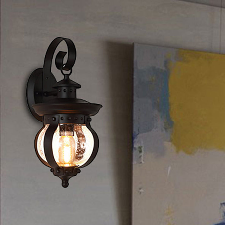 Lisslune | 1 Light Seedy Glass Wall Light Rustic Black Lantern Bedroom Lighting Fixture