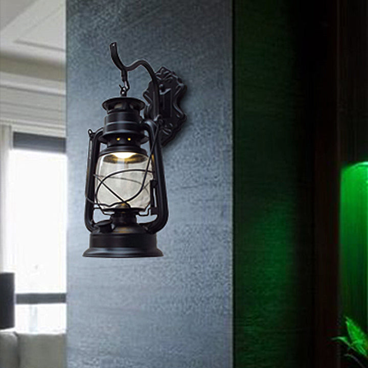 Lisslune | Clear Glass Black/Antique Brass Wall Lamp Lantern 1-Light Coastal Light for Veranda