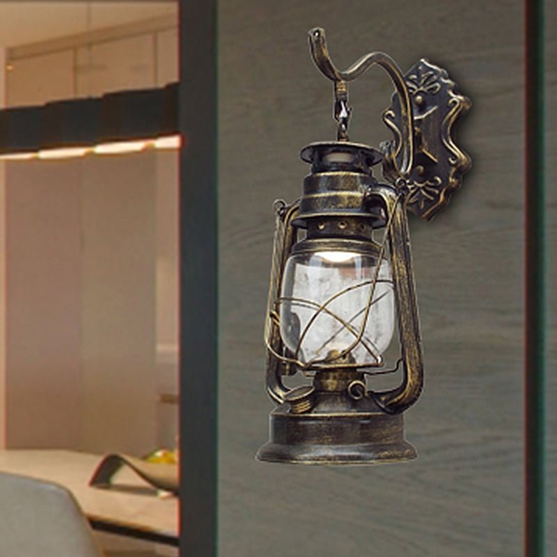 Lisslune | Clear Glass Black/Antique Brass Wall Lamp Lantern 1-Light Coastal Light for Veranda