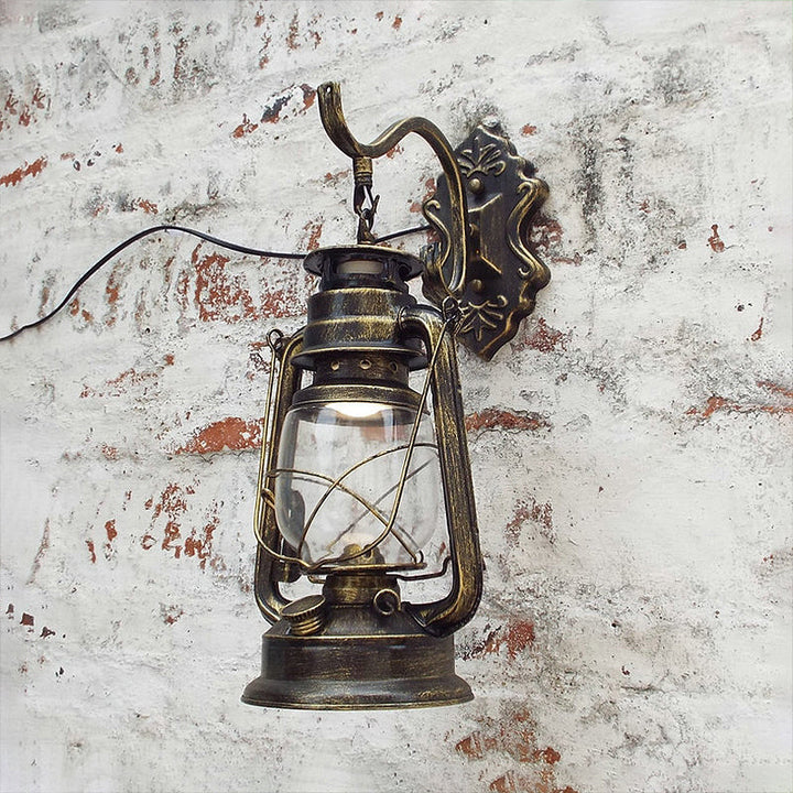 Lisslune | Clear Glass Black/Antique Brass Wall Lamp Lantern 1-Light Coastal Light for Veranda