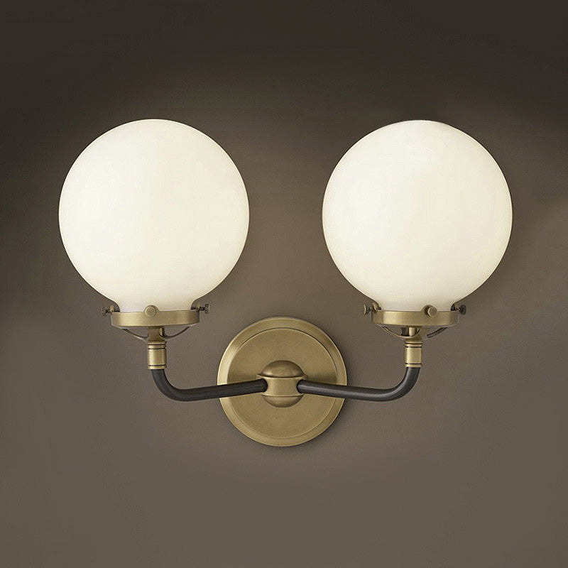 Lisslune | Modern Globe Shade Wall Lamp Fixture 1/2-Bulb Opal Glass Sconce Light in Antique Brass/Chrome