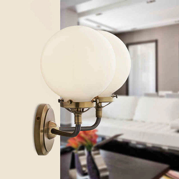 Lisslune | Modern Globe Shade Wall Lamp Fixture 1/2-Bulb Opal Glass Sconce Light in Antique Brass/Chrome