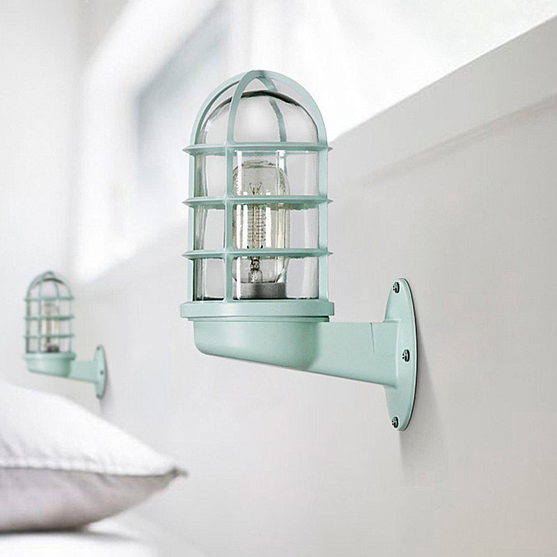 Lisslune | Cylinder Clear Glass Wall Mounted Lamp Industrial Single Bulb Living Room Wall Light in Pink/Blue/Green with Cage