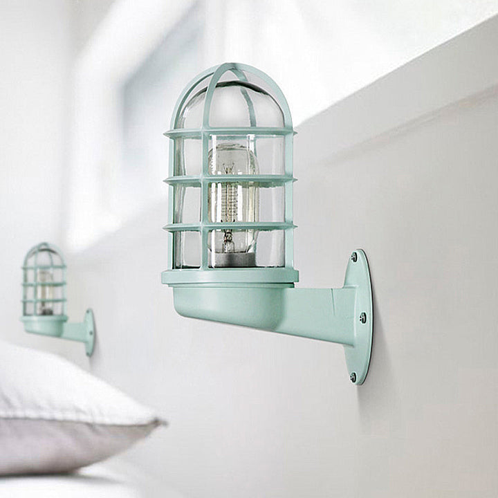 Lisslune | Cylinder Clear Glass Wall Mounted Lamp Industrial Single Bulb Living Room Wall Light in Pink/Blue/Green with Cage