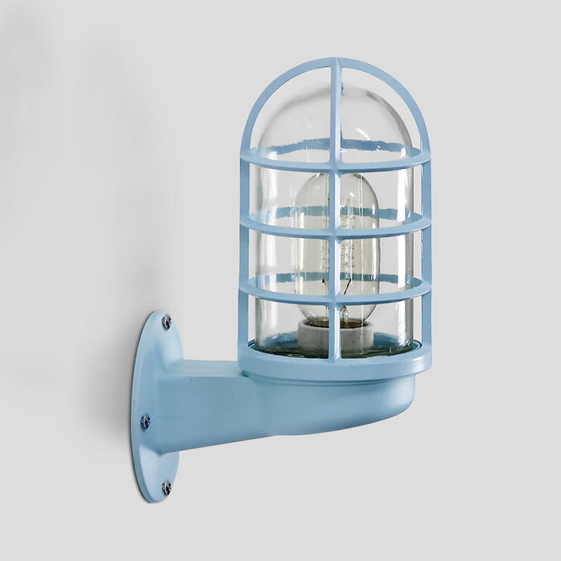 Lisslune | Cylinder Clear Glass Wall Mounted Lamp Industrial Single Bulb Living Room Wall Light in Pink/Blue/Green with Cage