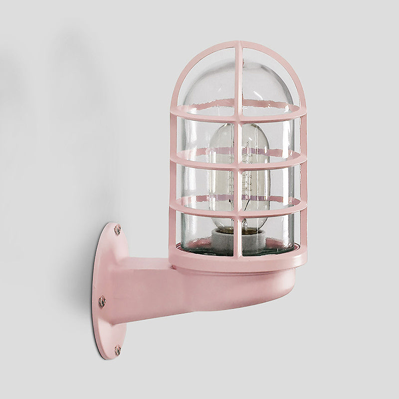 Lisslune | Cylinder Clear Glass Wall Mounted Lamp Industrial Single Bulb Living Room Wall Light in Pink/Blue/Green with Cage