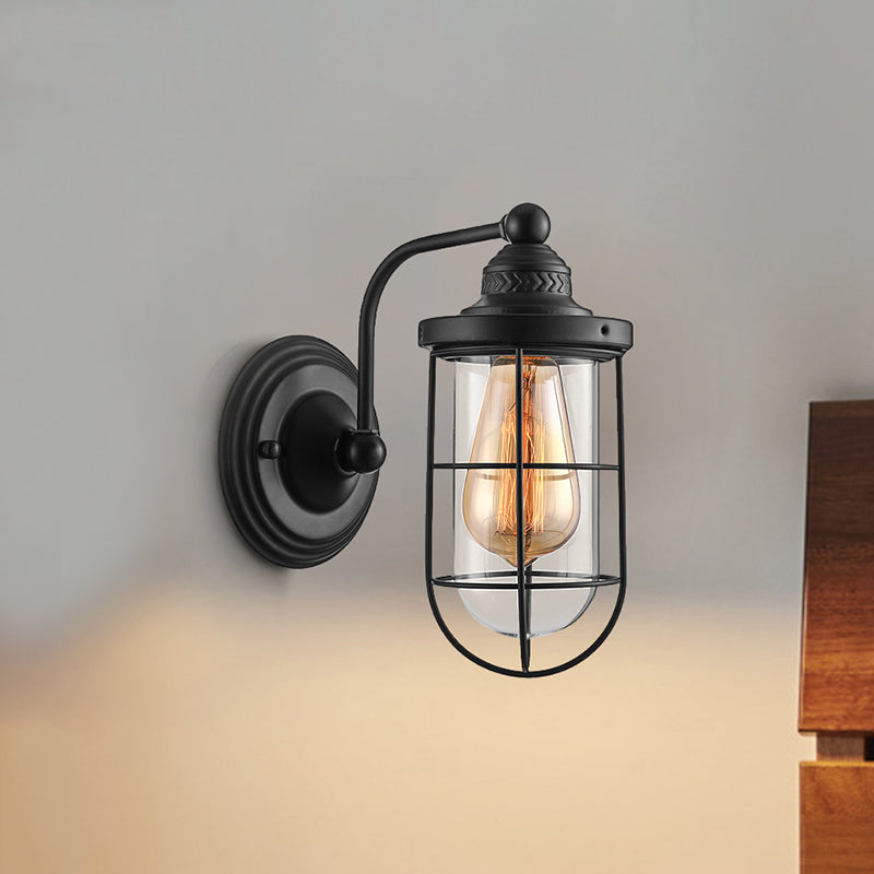 Lisslune | Industrial wire cage wall lighting 1/2-lamp clear glass wall lamp in black for stairs.
