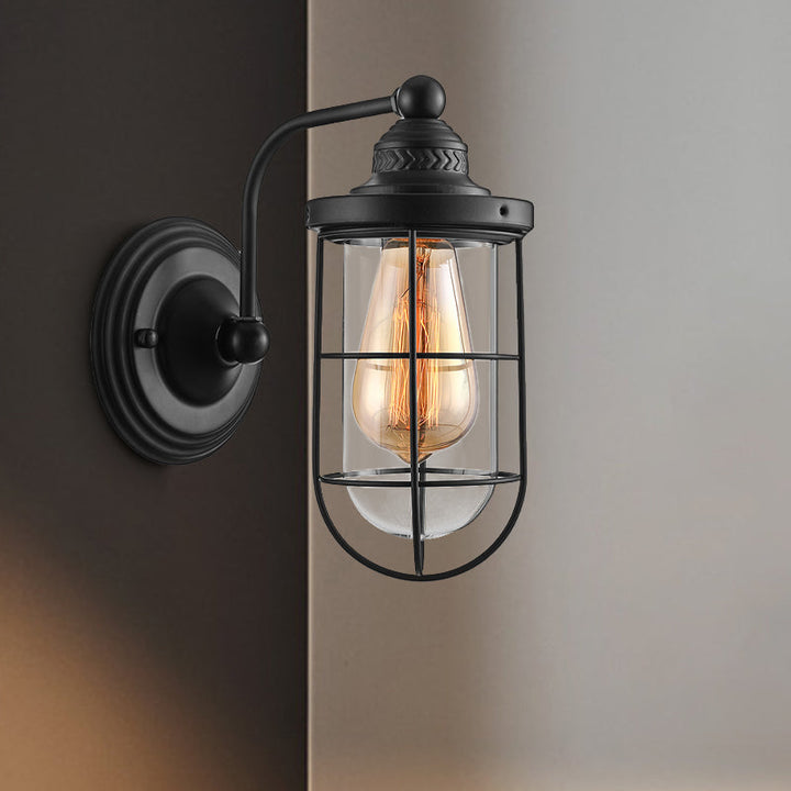 Lisslune | Industrial wire cage wall lighting 1/2-lamp clear glass wall lamp in black for stairs.
