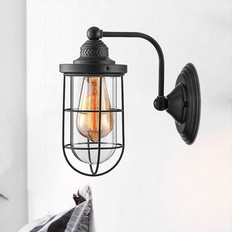 Lisslune | Industrial wire cage wall lighting 1/2-lamp clear glass wall lamp in black for stairs.