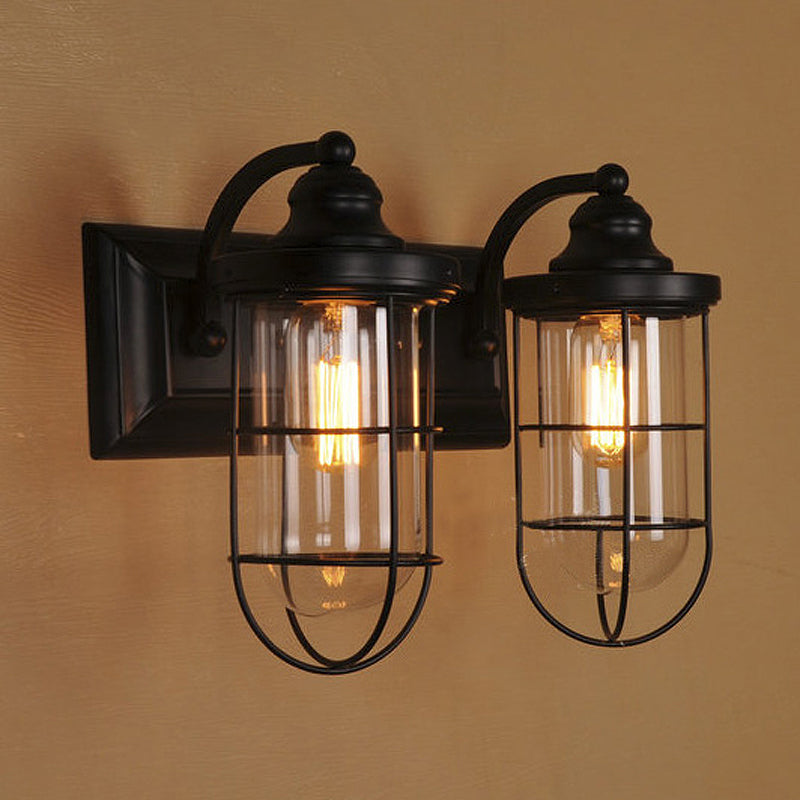 Lisslune | Industrial wire cage wall lighting 1/2-lamp clear glass wall lamp in black for stairs.
