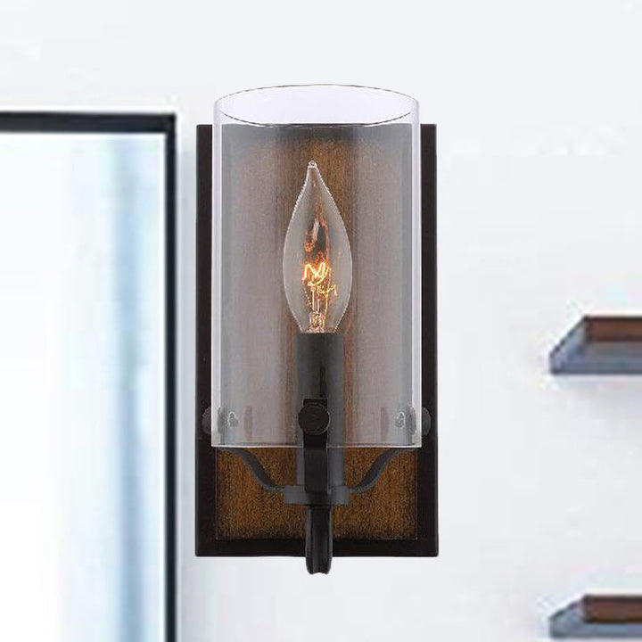 Lisslune | 1 Bulb Cylinder Wall Mounted Light Industrial Brown Clear Glass Lighting with Wood Back Plate