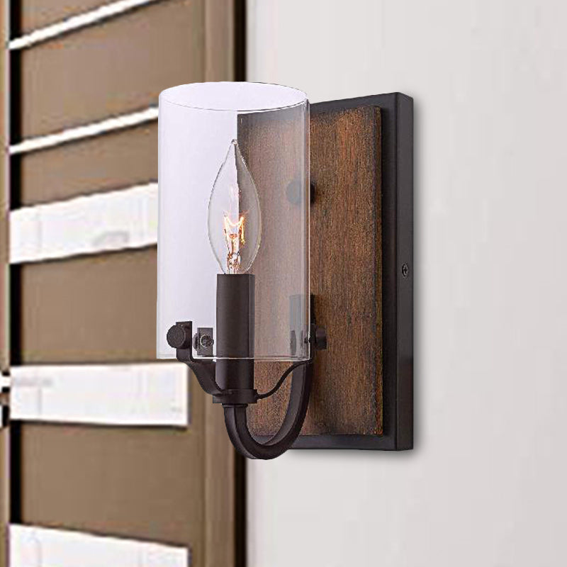 Lisslune | 1 Bulb Cylinder Wall Mounted Light Industrial Brown Clear Glass Lighting with Wood Back Plate
