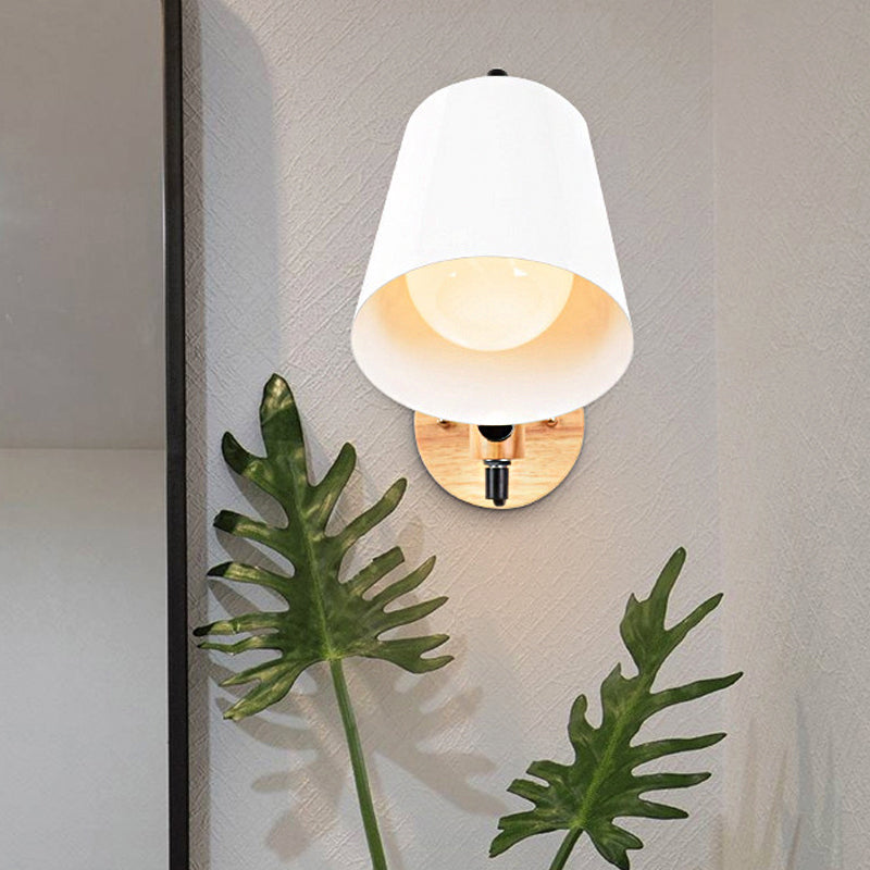Lisslune | Bucket Shade Metal Wall Lamp Modernism 1 Light Hallway Wall Mounted Light with Wooden Back Plate in Black/White