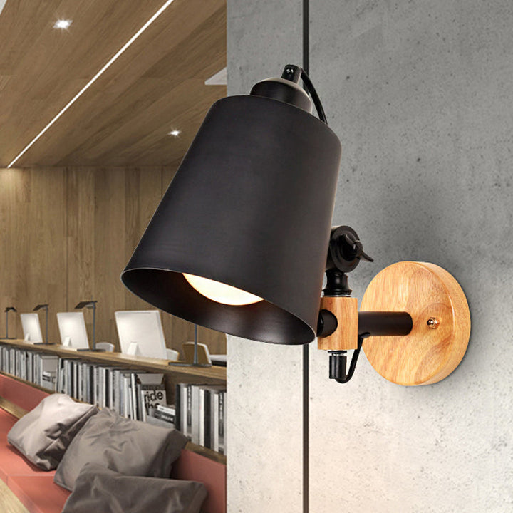 Lisslune | Bucket Shade Metal Wall Lamp Modernism 1 Light Hallway Wall Mounted Light with Wooden Back Plate in Black/White