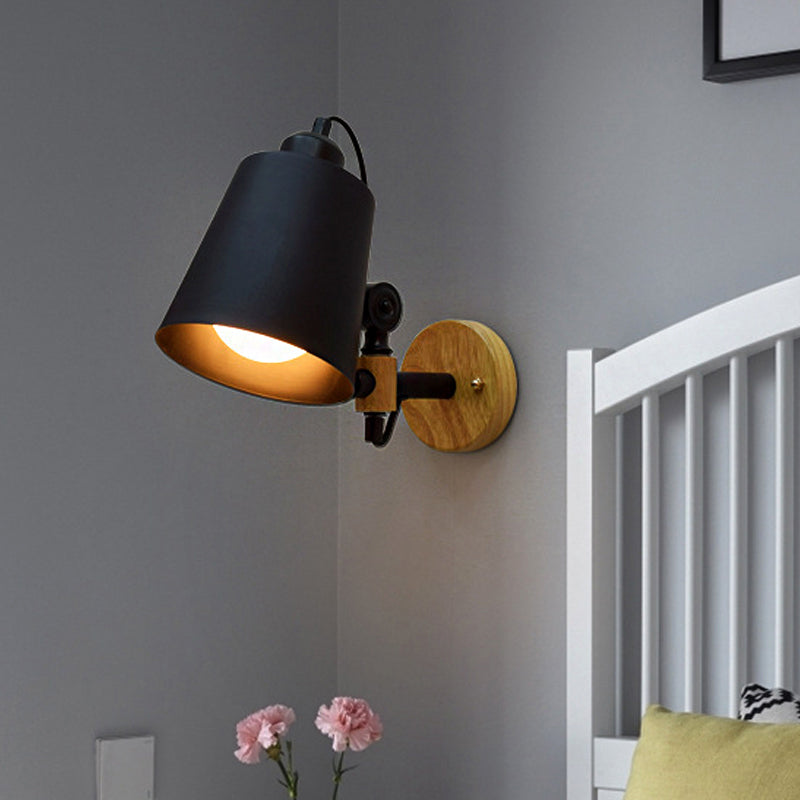 Lisslune | Bucket Shade Metal Wall Lamp Modernism 1 Light Hallway Wall Mounted Light with Wooden Back Plate in Black/White