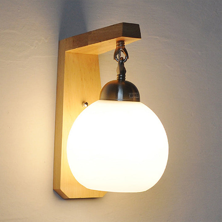 Lisslune | Opal Glass Globe Shade Wall Lamp Industrial 1 Light Bedroom Lighting Fixture with Wooden Back Plate