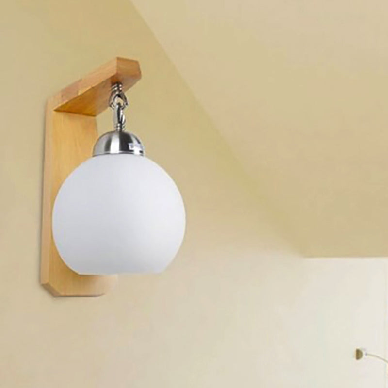 Lisslune | Opal Glass Globe Shade Wall Lamp Industrial 1 Light Bedroom Lighting Fixture with Wooden Back Plate