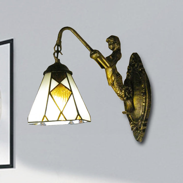Lisslune | Tiffany Cone Wall Mount Lighting 1 Head Beige Glass Wall Lamp with Mermaid Backplate