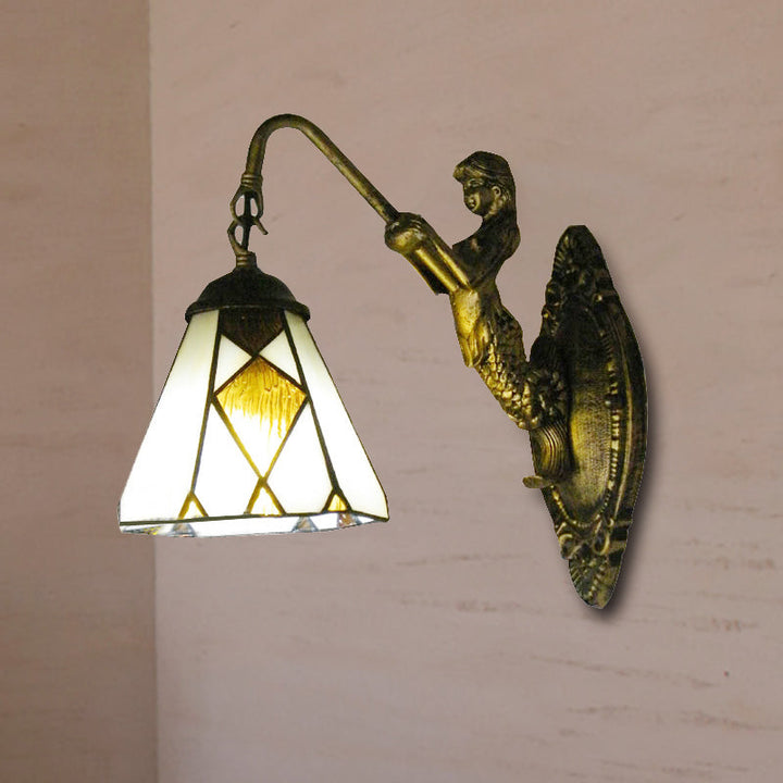Lisslune | Tiffany Cone Wall Mount Lighting 1 Head Beige Glass Wall Lamp with Mermaid Backplate
