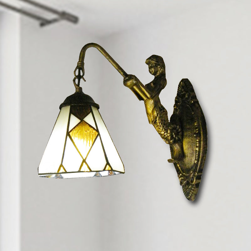 Lisslune | Tiffany Cone Wall Mount Lighting 1 Head Beige Glass Wall Lamp with Mermaid Backplate