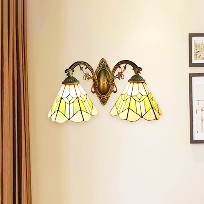 Lisslune | Vintage Cone Wall Spotlight Light with Curved Arm 2 Lights Stained Glass Wall Lamp in Green