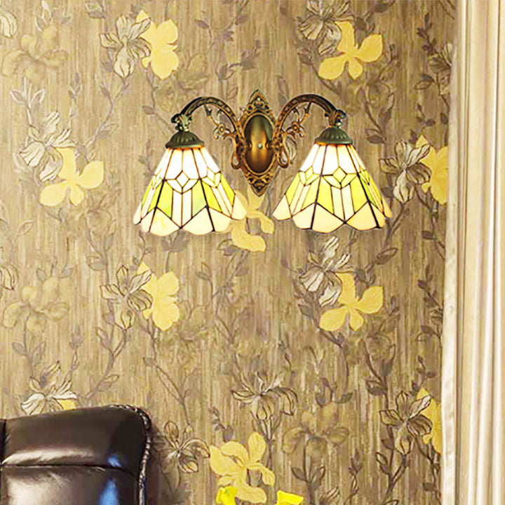 Lisslune | Vintage Cone Wall Spotlight Light with Curved Arm 2 Lights Stained Glass Wall Lamp in Green