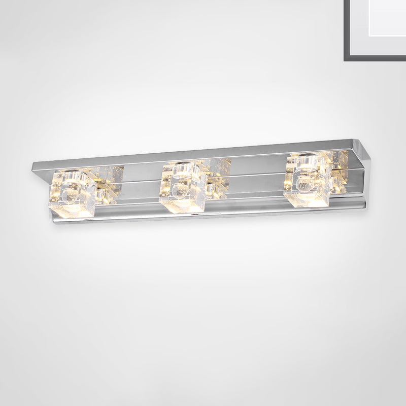 Lisslune | Clear Crystal Cube Wall Sconce Modern Style 3 Heads Silver Finish Vanity Light Fixture in Warm/White Light, 12.5"/18" B
