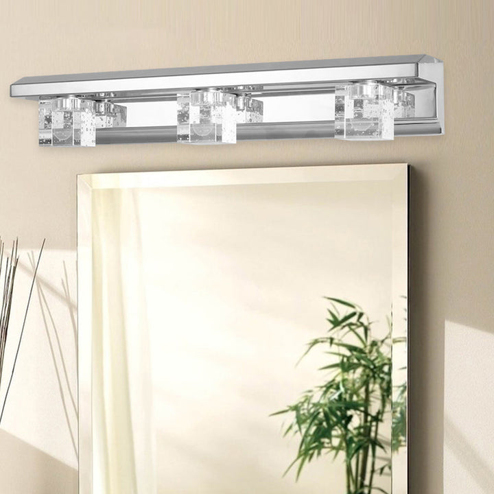 Lisslune | Clear Crystal Cube Wall Sconce Modern Style 3 Heads Silver Finish Vanity Light Fixture in Warm/White Light, 12.5"/18" B