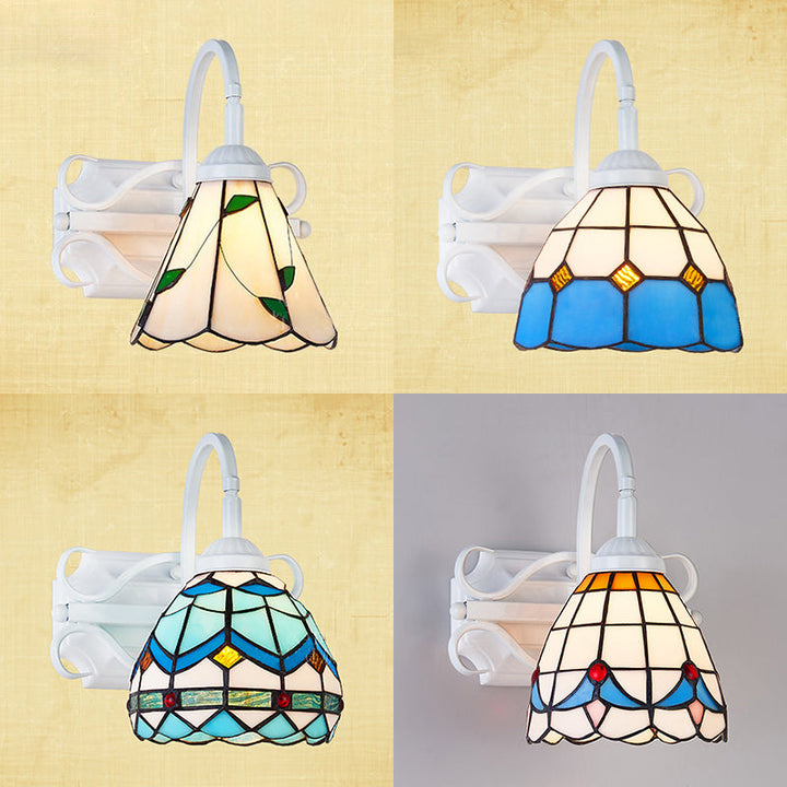 Lisslune | Retro Style Dome Wall Light Stained Glass 1 Light Downward Lighting Wall Mounted Light in Beige/Blue/Blue-White/White