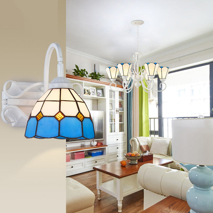 Lisslune | Retro Style Dome Wall Light Stained Glass 1 Light Downward Lighting Wall Mounted Light in Beige/Blue/Blue-White/White