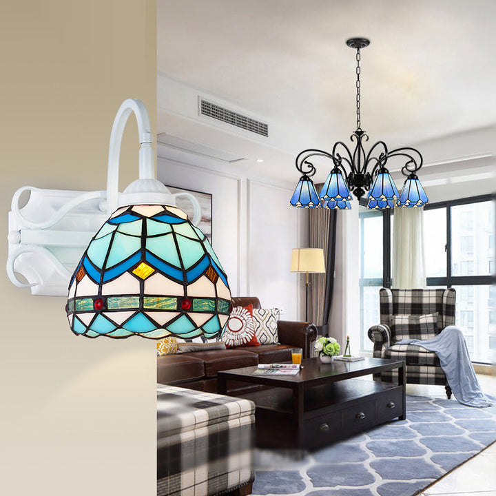 Lisslune | Retro Style Dome Wall Light Stained Glass 1 Light Downward Lighting Wall Mounted Light in Beige/Blue/Blue-White/White