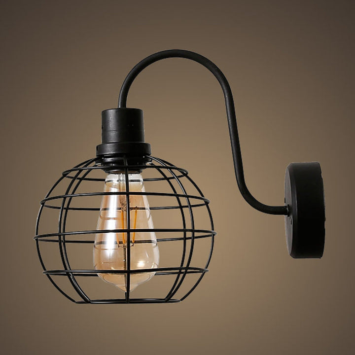 Lisslune | 1 Bulb Wall Light Retro Style Wire Global Cage Metal Wall Light in Black for Living Room