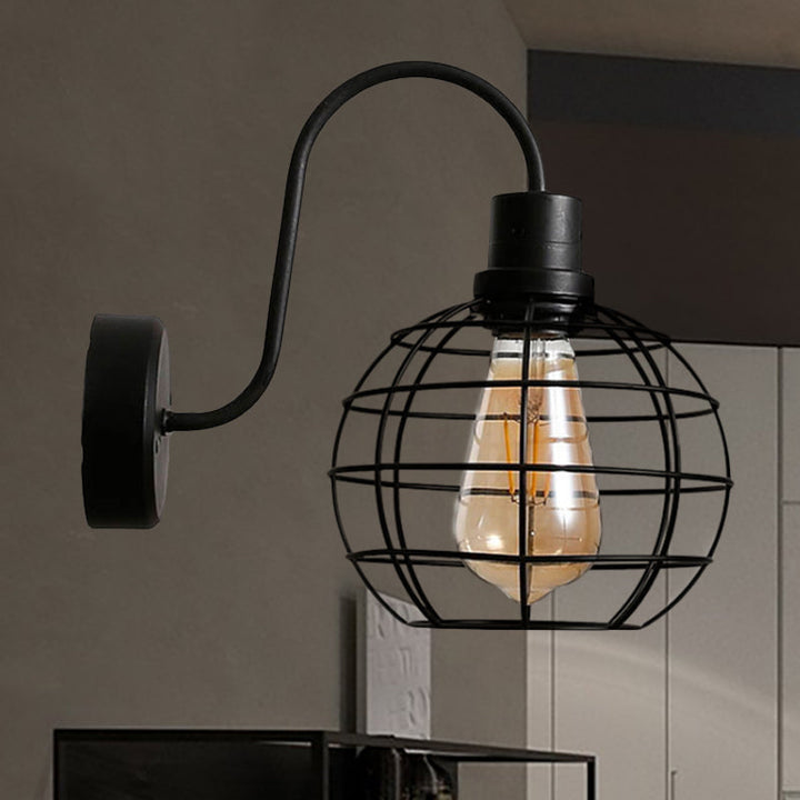 Lisslune | 1 Bulb Wall Light Retro Style Wire Global Cage Metal Wall Light in Black for Living Room