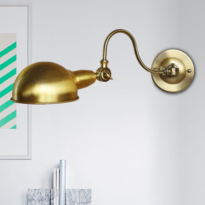 Lisslune | Brass 1 Head Wall Light Vintage Metal Dome Shade Wall Lamp with Gooseneck Arm