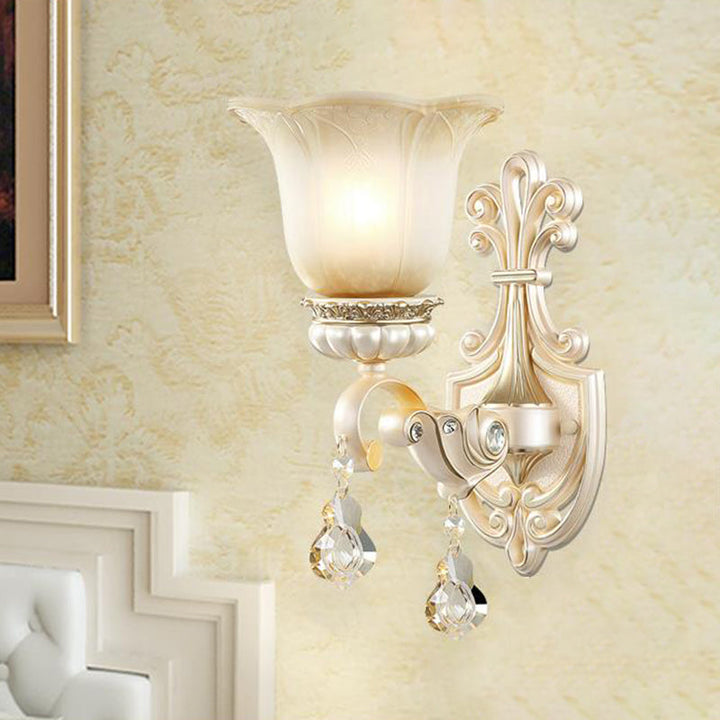 Skørter | Flowers White Glass Wall Mounted Light Traditional 1/2 Lights Hall Wall Lamp with Crystal Drops