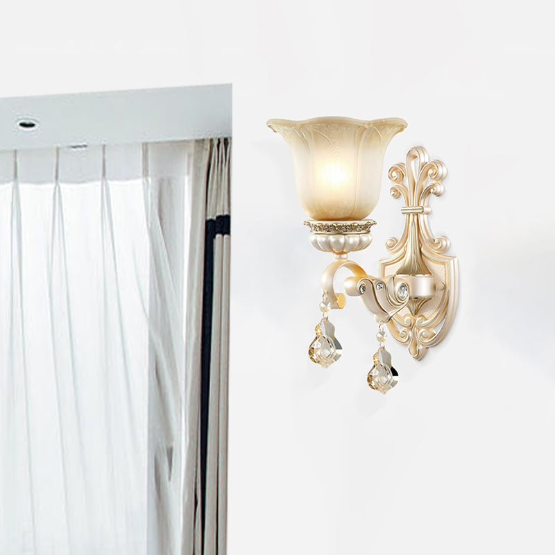 Skørter | Flowers White Glass Wall Mounted Light Traditional 1/2 Lights Hall Wall Lamp with Crystal Drops