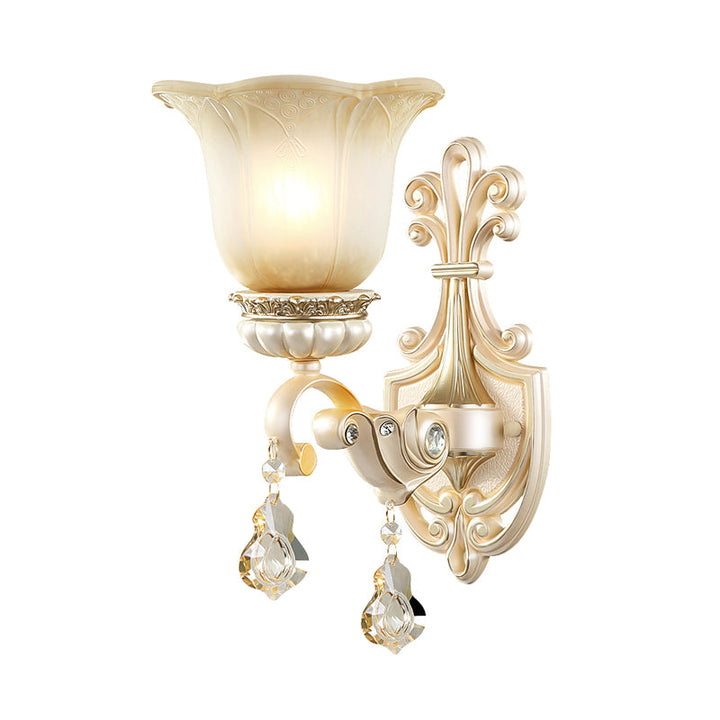 Skørter | Flowers White Glass Wall Mounted Light Traditional 1/2 Lights Hall Wall Lamp with Crystal Drops