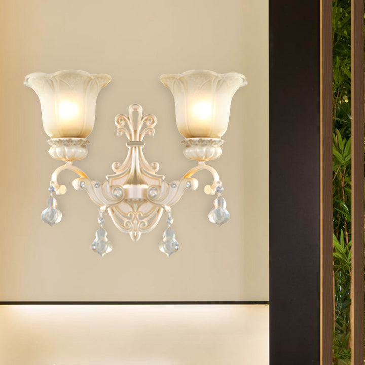 Skørter | Flowers White Glass Wall Mounted Light Traditional 1/2 Lights Hall Wall Lamp with Crystal Drops