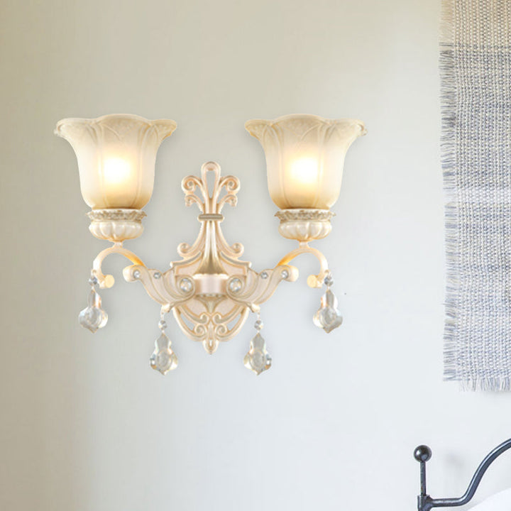Skørter | Flowers White Glass Wall Mounted Light Traditional 1/2 Lights Hall Wall Lamp with Crystal Drops