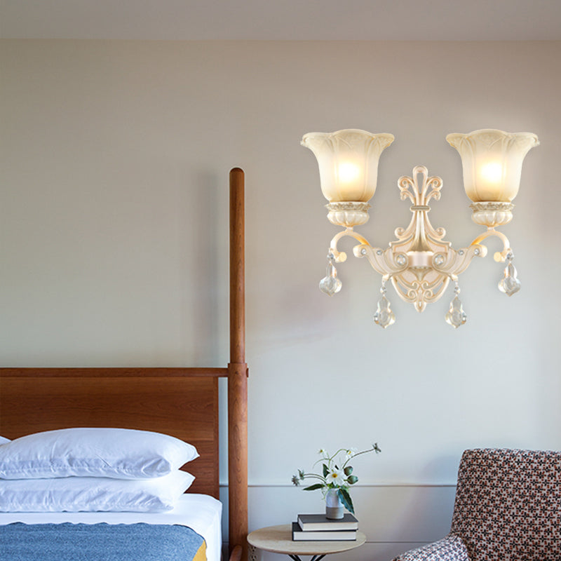 Skørter | Flowers White Glass Wall Mounted Light Traditional 1/2 Lights Hall Wall Lamp with Crystal Drops