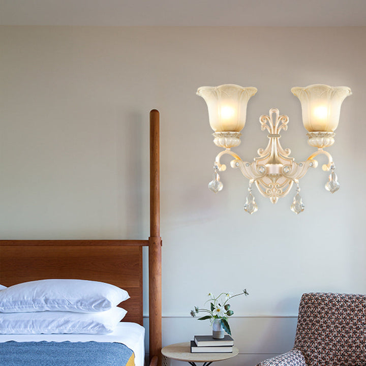 Skørter | Flowers White Glass Wall Mounted Light Traditional 1/2 Lights Hall Wall Lamp with Crystal Drops