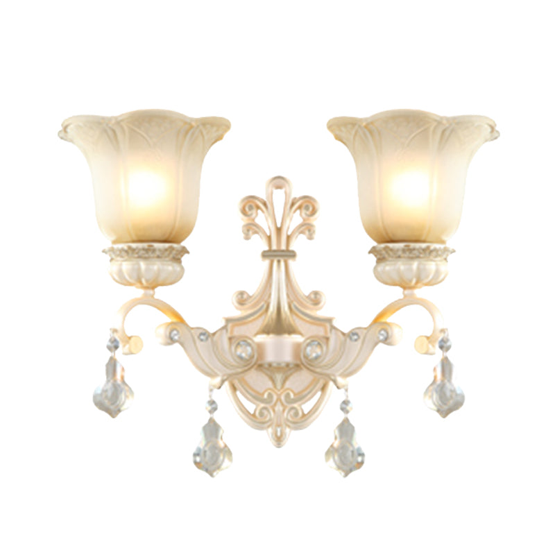 Skørter | Flowers White Glass Wall Mounted Light Traditional 1/2 Lights Hall Wall Lamp with Crystal Drops